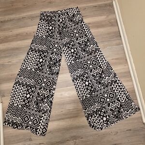 Black and White Patterned Geometic  Wide Leg Palazzo Elastic Stretch Pants XL